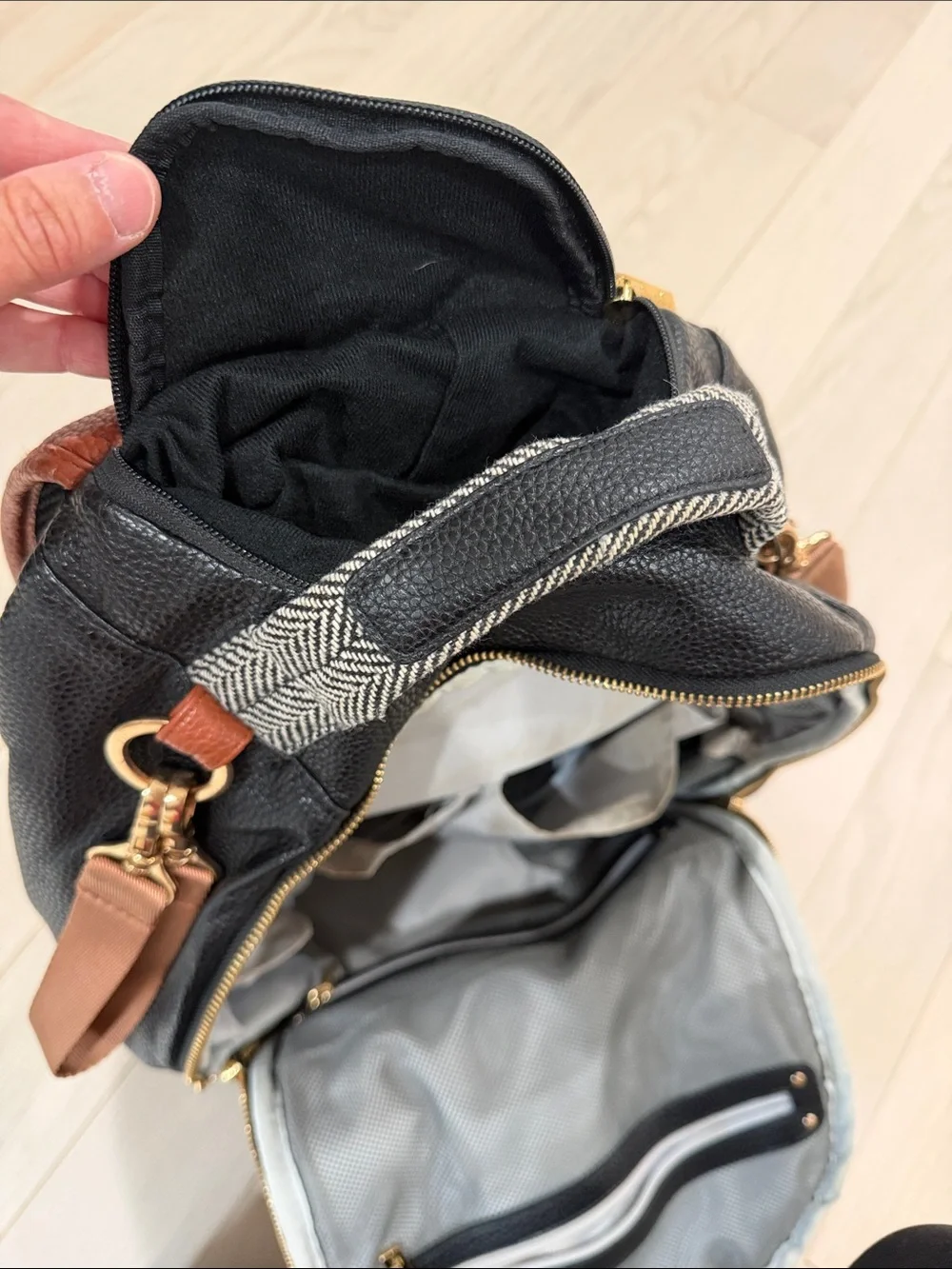 Itzy Ritzy Black, White & Brown Herringbone Diaper Backpack